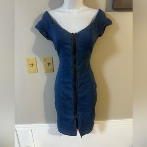 Haute Monde Navy Blue Zip-Front Off-Shoulder Mini Dress